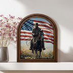 American Flag Cowboy Wall Art, Arch Wood Picture Frame, Rustic Western Decor, Patriotic Gift, Horse Rider Canvas Print,3-Layer Plywood Frame