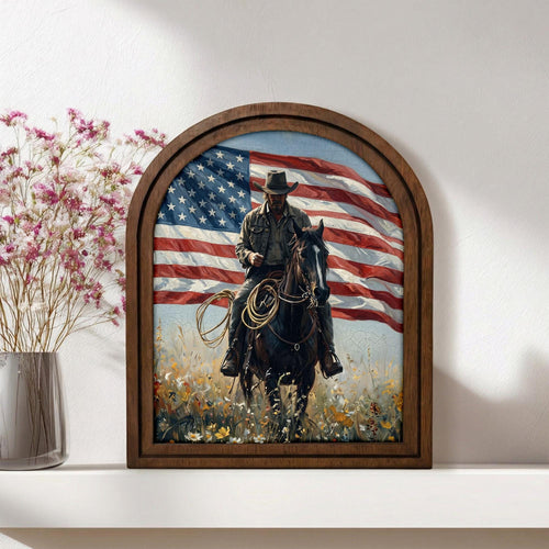 American Flag Cowboy Wall Art, Arch Wood Picture Frame, Rustic Western Decor, Patriotic Gift, Horse Rider Canvas Print,3-Layer Plywood Frame