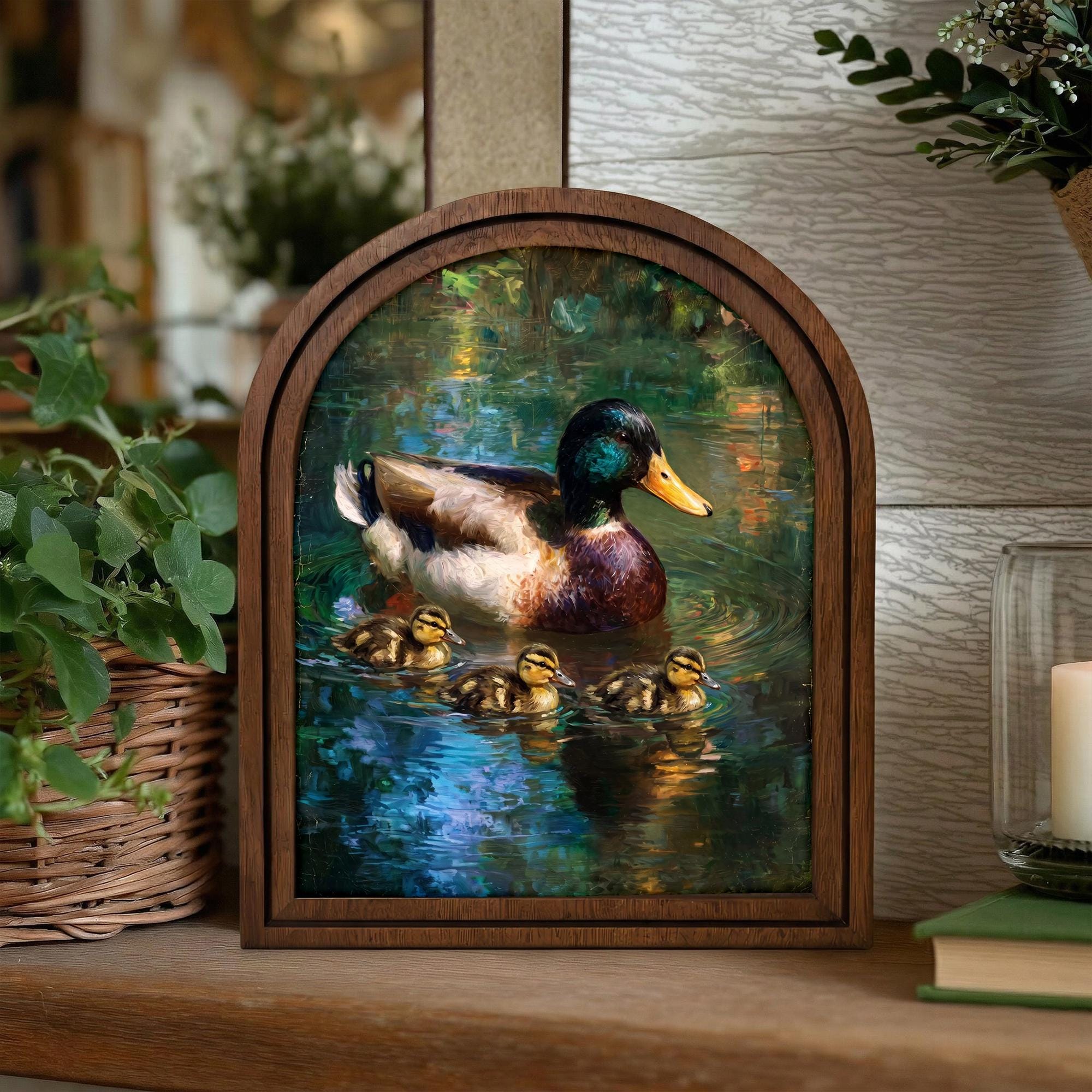 Mallard Duck Wall Art Wooden Arch Picture Frame Wildlife Nursery Decor Hunter Gift Cabin Lake House Decor Rustic Wood Frame Canvas Print