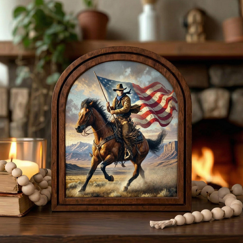 American Flag Cowboy Wall Art, Patriotic Western Decor, Horse Rider Canvas Print, Rustic Men‘s Gift, Arch Wood Picture Frame, Plywood Art