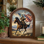 American Flag Cowboy Wall Art, Patriotic Western Decor, Horse Rider Canvas Print, Rustic Men‘s Gift, Arch Wood Picture Frame, Plywood Art
