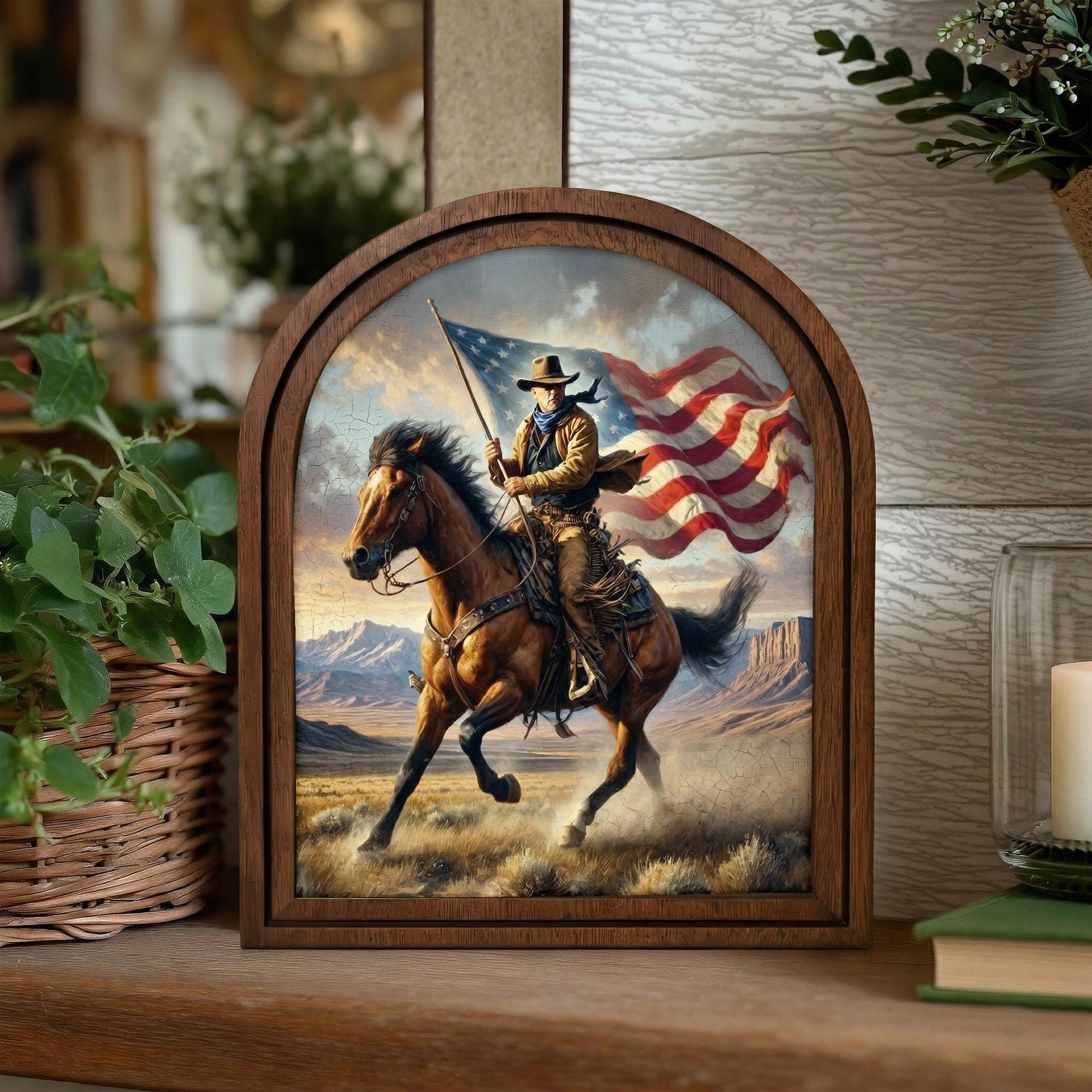 American Flag Cowboy Wall Art, Patriotic Western Decor, Horse Rider Canvas Print, Rustic Men‘s Gift, Arch Wood Picture Frame, Plywood Art