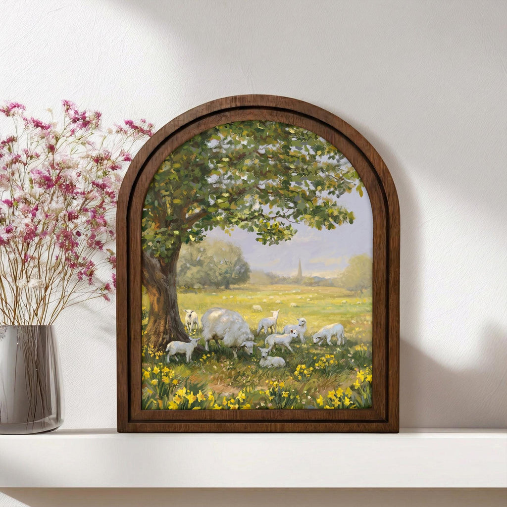 Sheep Painting Arched Wood Frame, Farmhouse Wall Art, Spring Meadow Decor, Lamb Oil Painting Canvas, Rustic Nursery Art, Countryside Gift