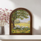 Sheep Painting Arched Wood Frame, Farmhouse Wall Art, Spring Meadow Decor, Lamb Oil Painting Canvas, Rustic Nursery Art, Countryside Gift