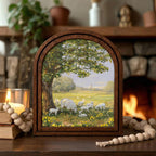 Sheep Painting Arched Wood Frame, Farmhouse Wall Art, Spring Meadow Decor, Lamb Oil Painting Canvas, Rustic Nursery Art, Countryside Gift