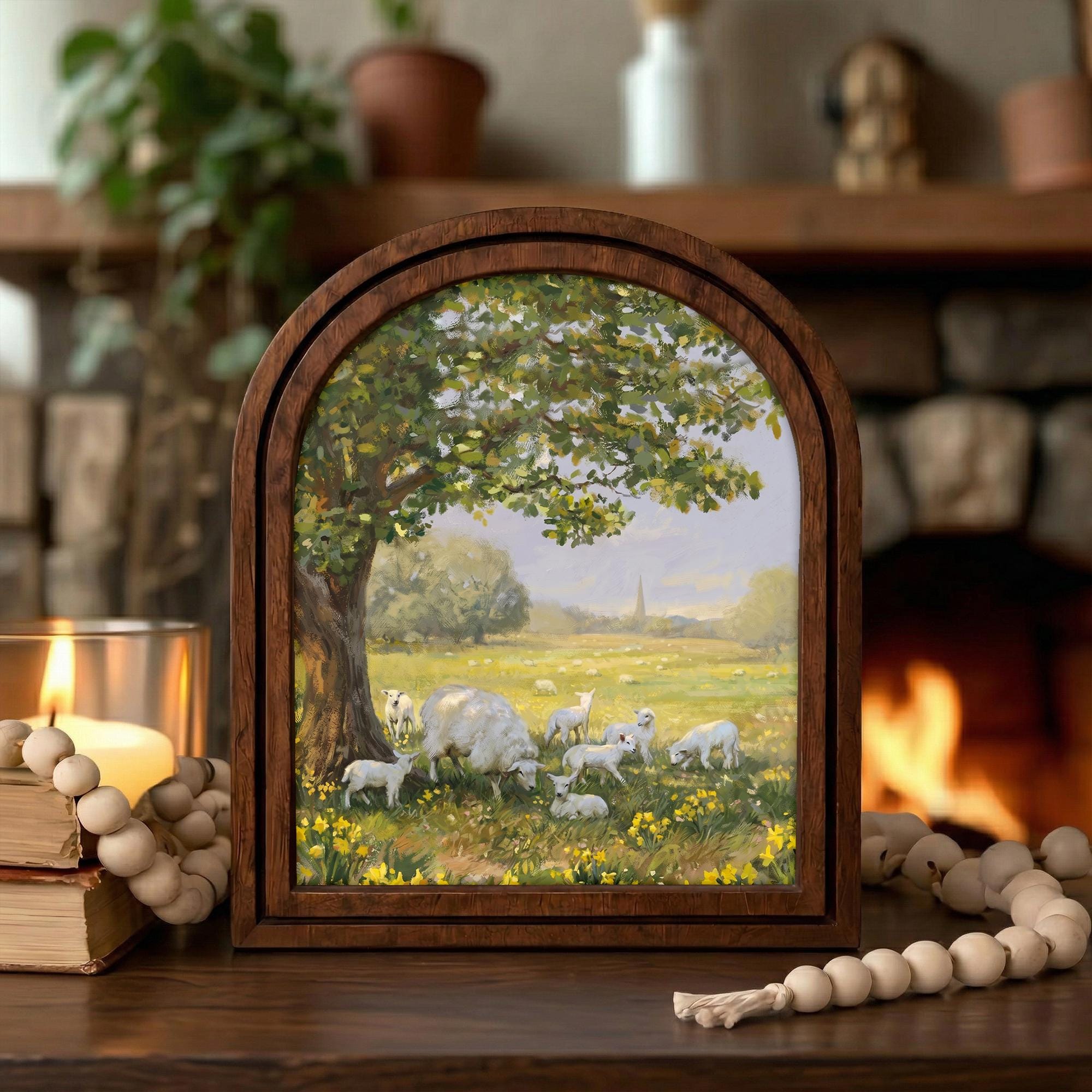 Sheep Painting Arched Wood Frame, Farmhouse Wall Art, Spring Meadow Decor, Lamb Oil Painting Canvas, Rustic Nursery Art, Countryside Gift
