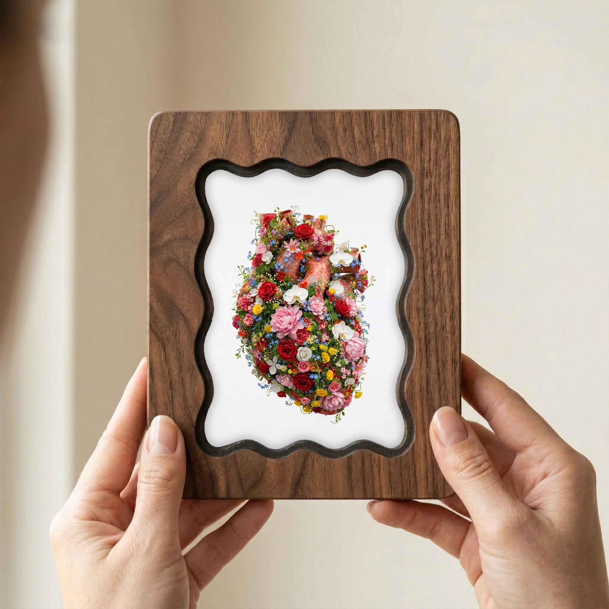 Anatomical Heart Art, Floral Heart Wood Frame, Medical Student Gift, Doctor Office Decor, Botanical Heart Print, Laser Cut Plywood Frame