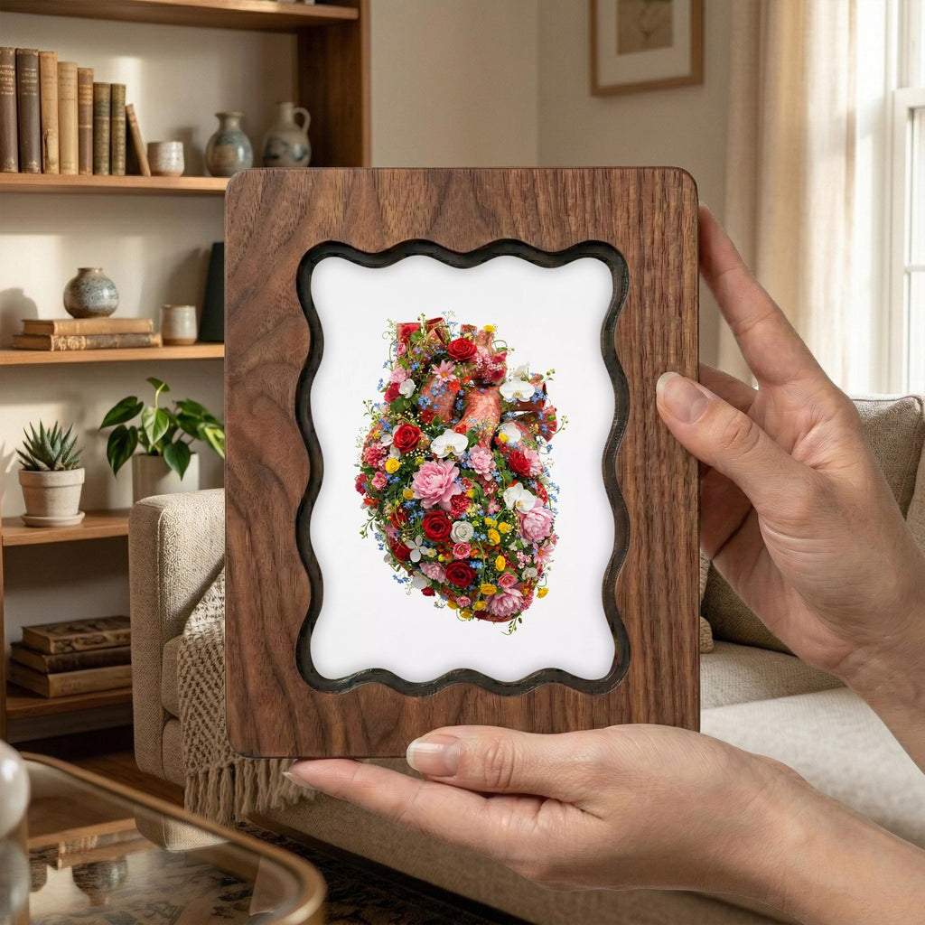 Anatomical Heart Art, Floral Heart Wood Frame, Medical Student Gift, Doctor Office Decor, Botanical Heart Print, Laser Cut Plywood Frame