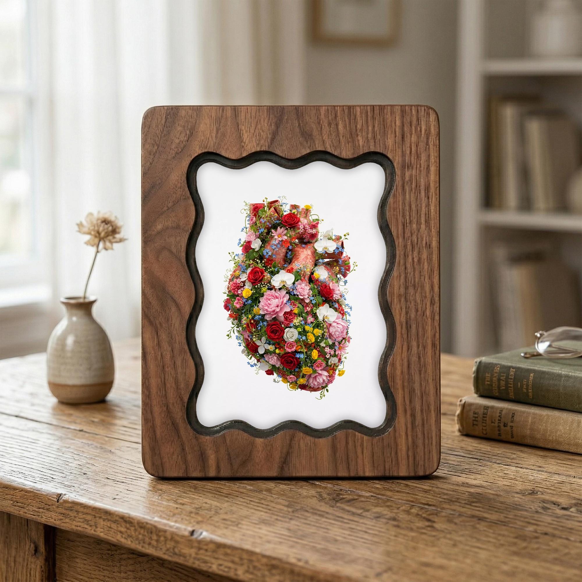 Anatomical Heart Art, Floral Heart Wood Frame, Medical Student Gift, Doctor Office Decor, Botanical Heart Print, Laser Cut Plywood Frame