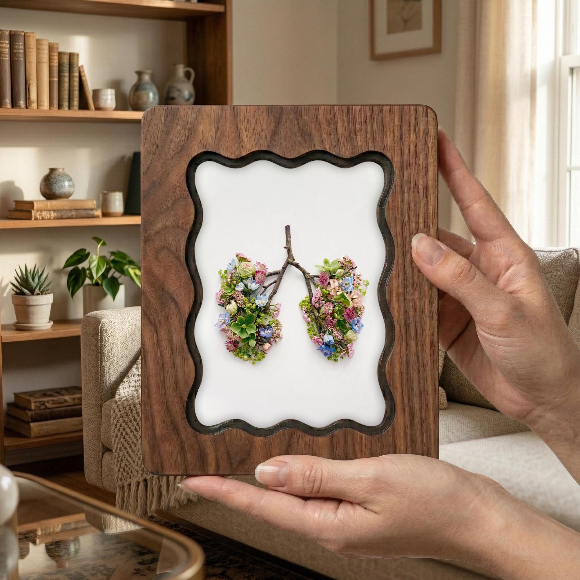Floral Lungs Anatomy Art, Medical Student Gift, Wavy Wood Frame, Doctor Office Decor, Respiratory Therapist, Scalloped Frame, Nurse Print