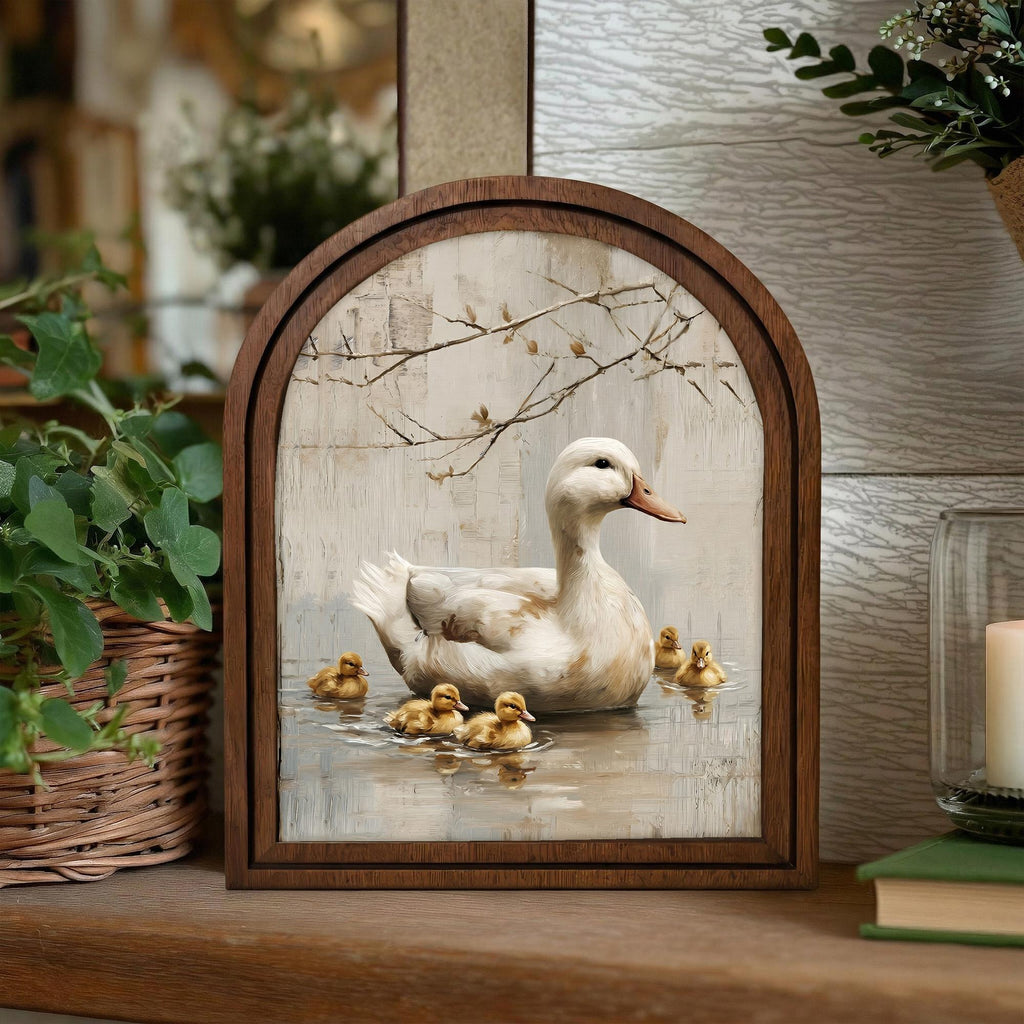 Duck Wall Art - Vintage Duck Pond Oil Painting Wood Arch Frame, Farmhouse Nursery Wall Art, Rustic Country Landscape Decor