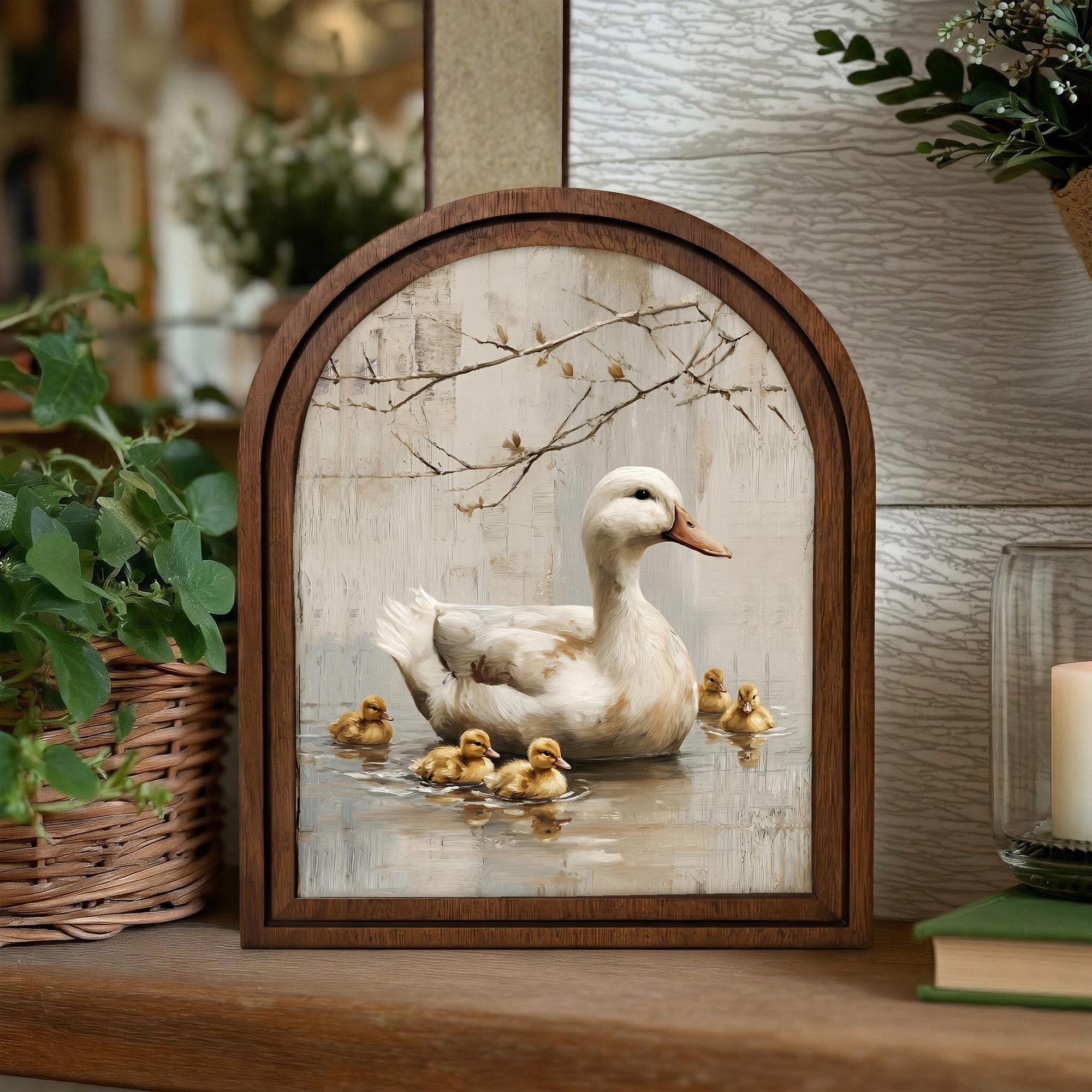 Duck Wall Art - Vintage Duck Pond Oil Painting Wood Arch Frame, Farmhouse Nursery Wall Art, Rustic Country Landscape Decor