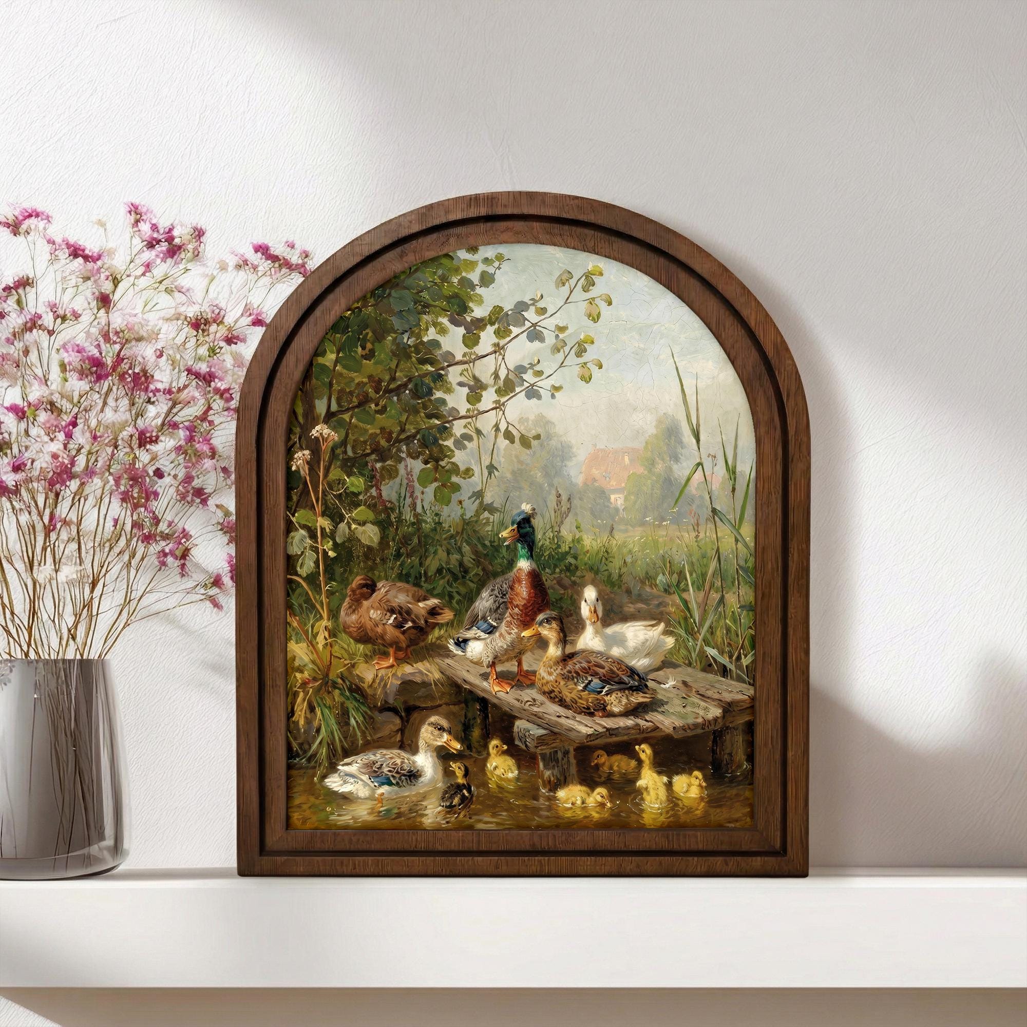 Duck Pond Oil Painting Arch Wood Frame, Farmhouse Wall Art, Vintage Countryside Decor, Mallard Duck Canvas Print, Rustic Nursery Gift Decor