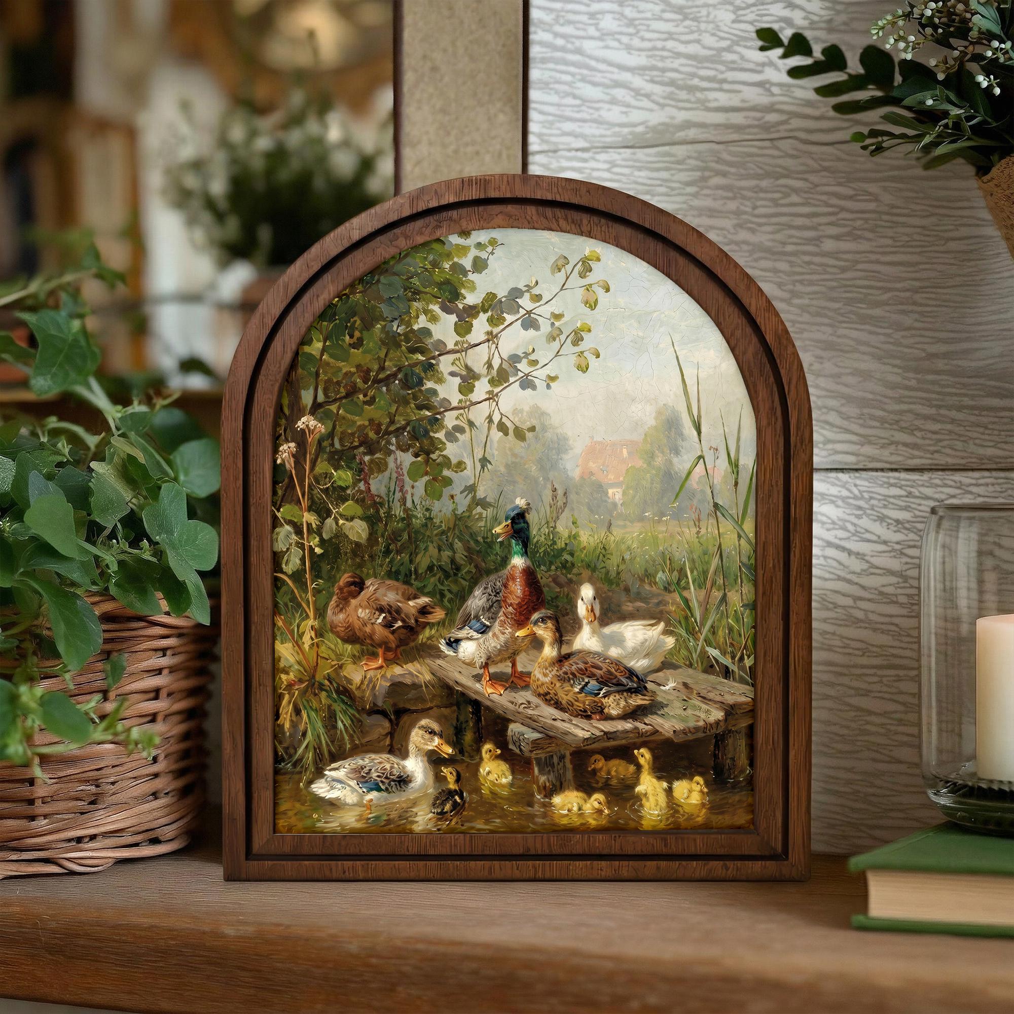 Duck Pond Oil Painting Arch Wood Frame, Farmhouse Wall Art, Vintage Countryside Decor, Mallard Duck Canvas Print, Rustic Nursery Gift Decor