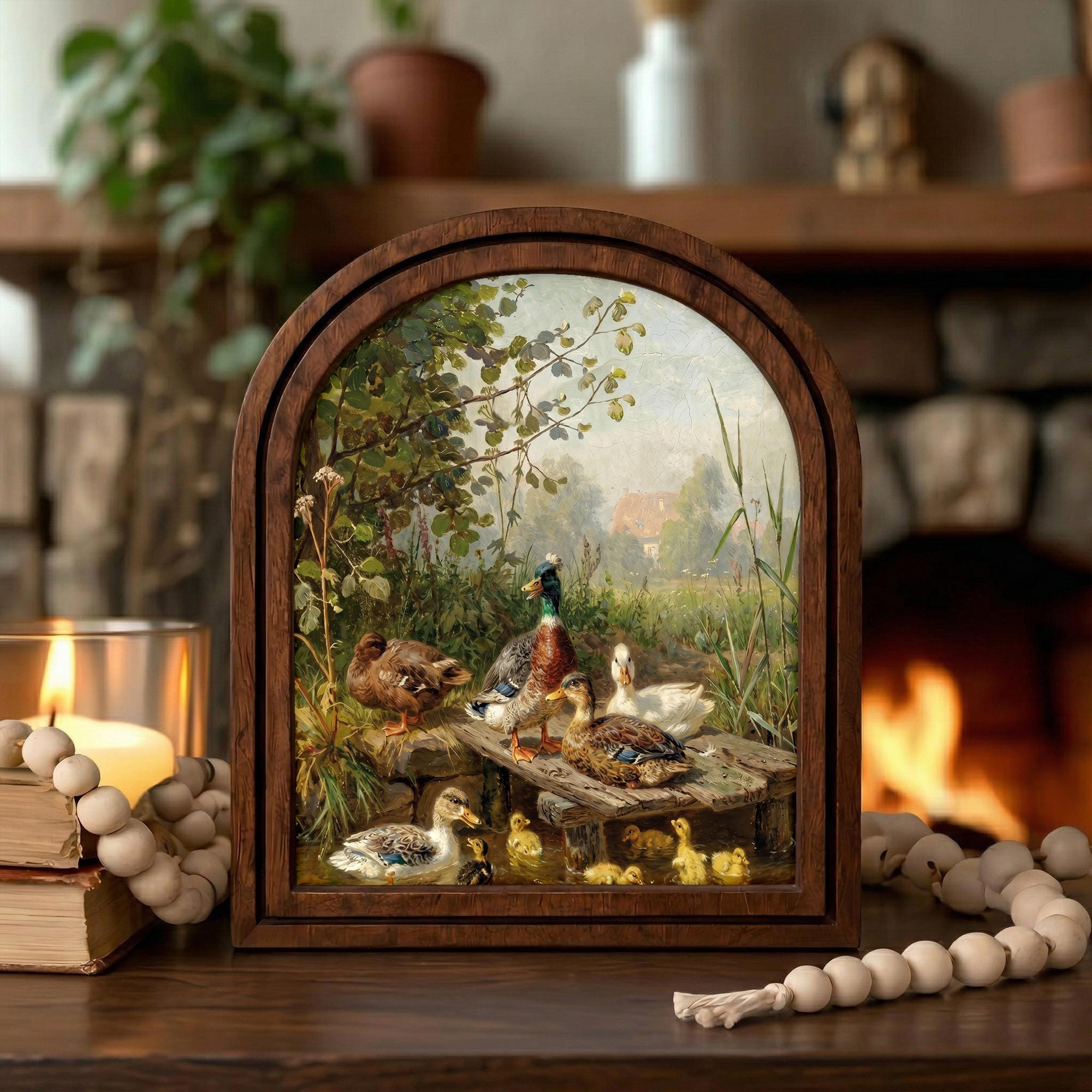 Duck Pond Oil Painting Arch Wood Frame, Farmhouse Wall Art, Vintage Countryside Decor, Mallard Duck Canvas Print, Rustic Nursery Gift Decor
