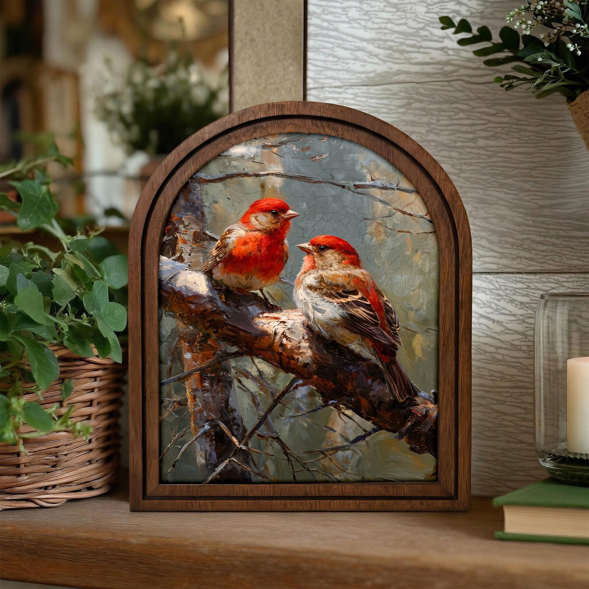 Red Bird Wall Art Cardinal Wood Frame Nature Lover Gift Rustic Bird Painting Arched Canvas Print Farmhouse Wall Decor Songbird Home Decor
