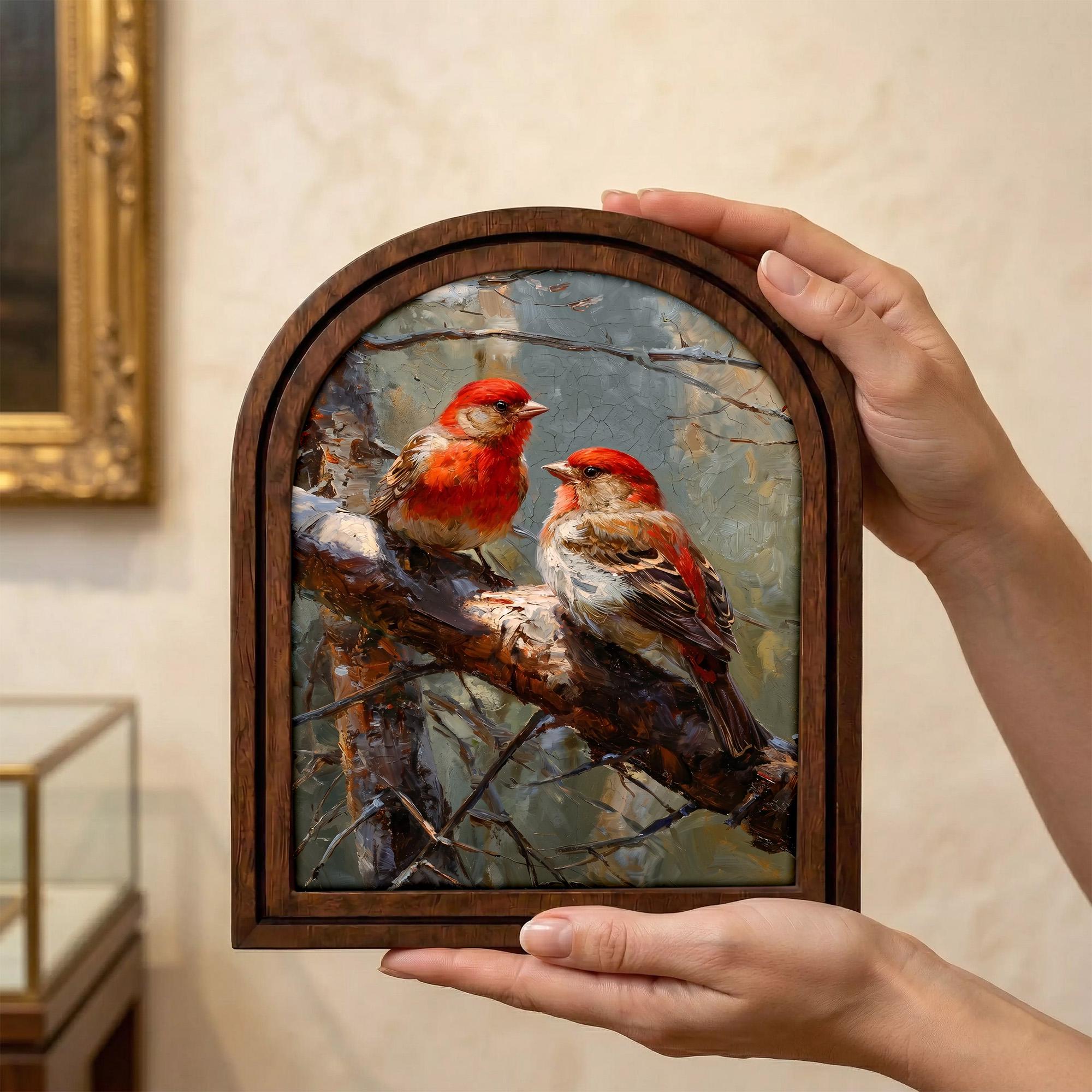 Red Bird Wall Art Cardinal Wood Frame Nature Lover Gift Rustic Bird Painting Arched Canvas Print Farmhouse Wall Decor Songbird Home Decor