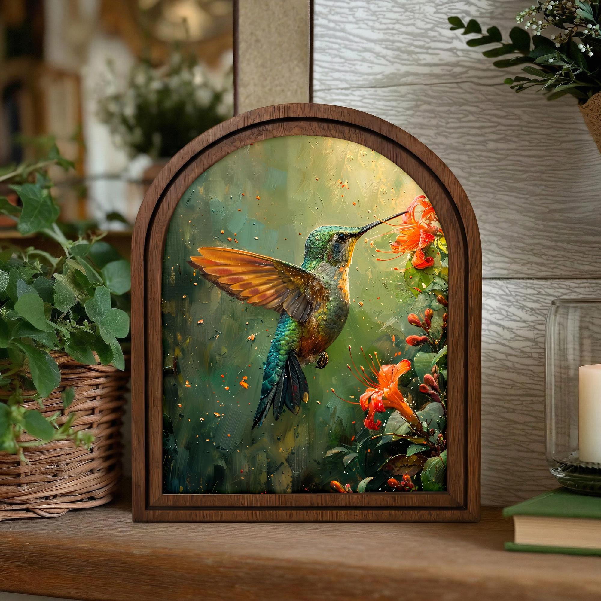 Hummingbird Wall Art Arch Wood Frame Bird Lover Gift Hummingbird Painting Canvas Print Flower Decor 7x9 9x11 11x14 14x18 3 Layer Plywood Art