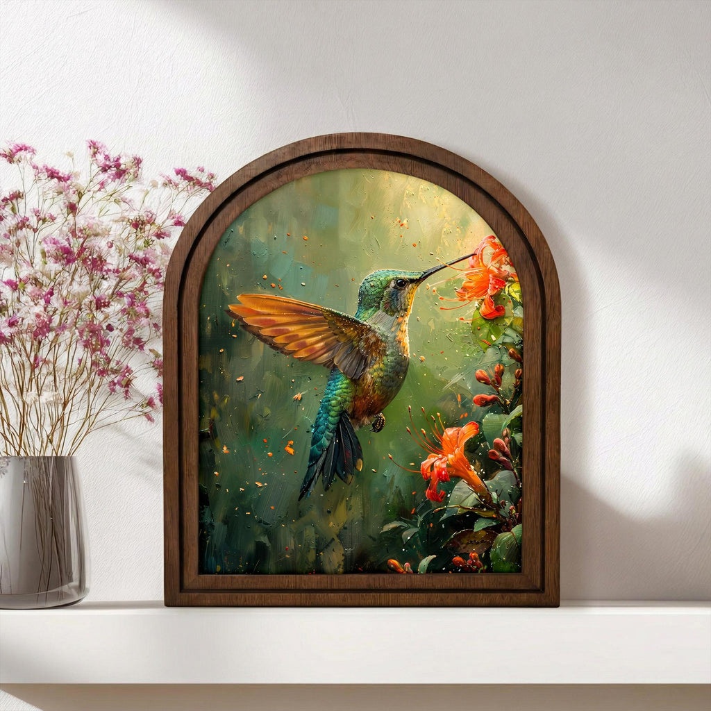 Hummingbird Wall Art Arch Wood Frame Bird Lover Gift Hummingbird Painting Canvas Print Flower Decor 7x9 9x11 11x14 14x18 3 Layer Plywood Art