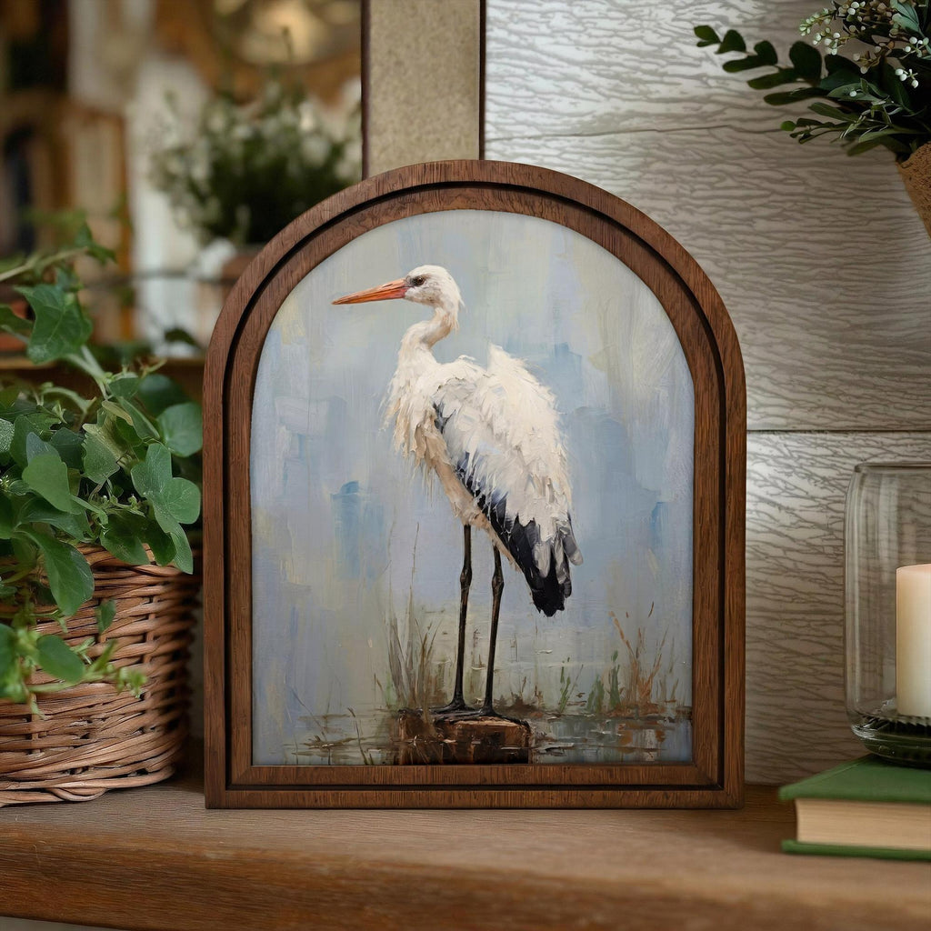 Heron Wall Art Arch Wood Frame Stork Painting Canvas Print Coastal Wall Decor Lake House Gift 7x9 9x11 11x14 14x18 3 Layer Plywood Frame