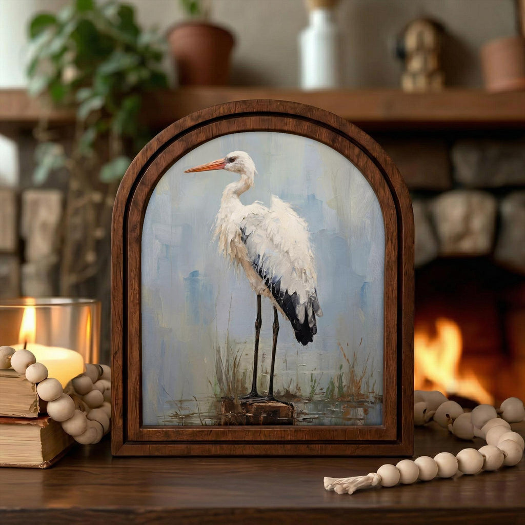 Heron Wall Art Arch Wood Frame Stork Painting Canvas Print Coastal Wall Decor Lake House Gift 7x9 9x11 11x14 14x18 3 Layer Plywood Frame