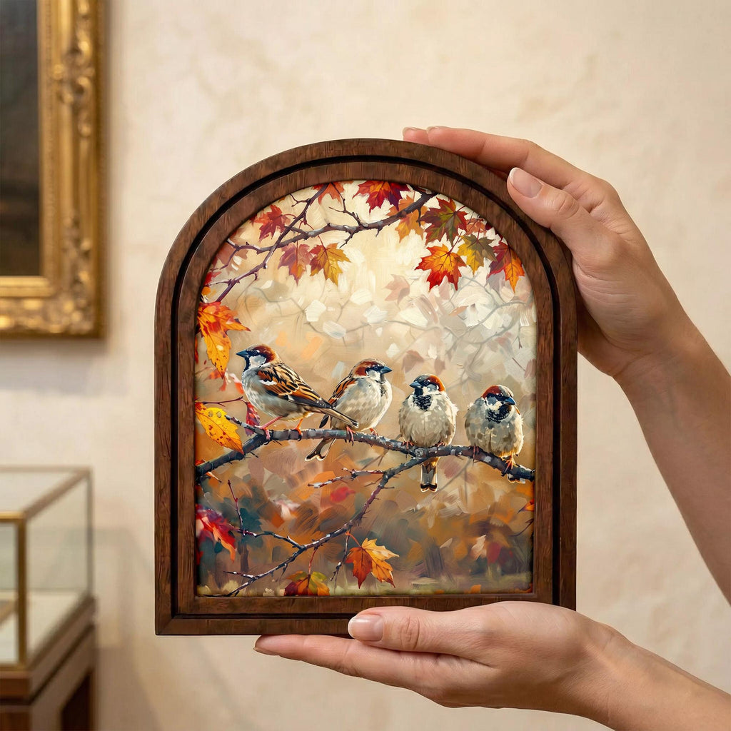 Bird Wall Art Arch Wood Frame Sparrow Painting Canvas Print Autumn Leaves Decor Cozy Home Gift 7x9 9x11 11x14 14x18 3 Layer Plywood Frame