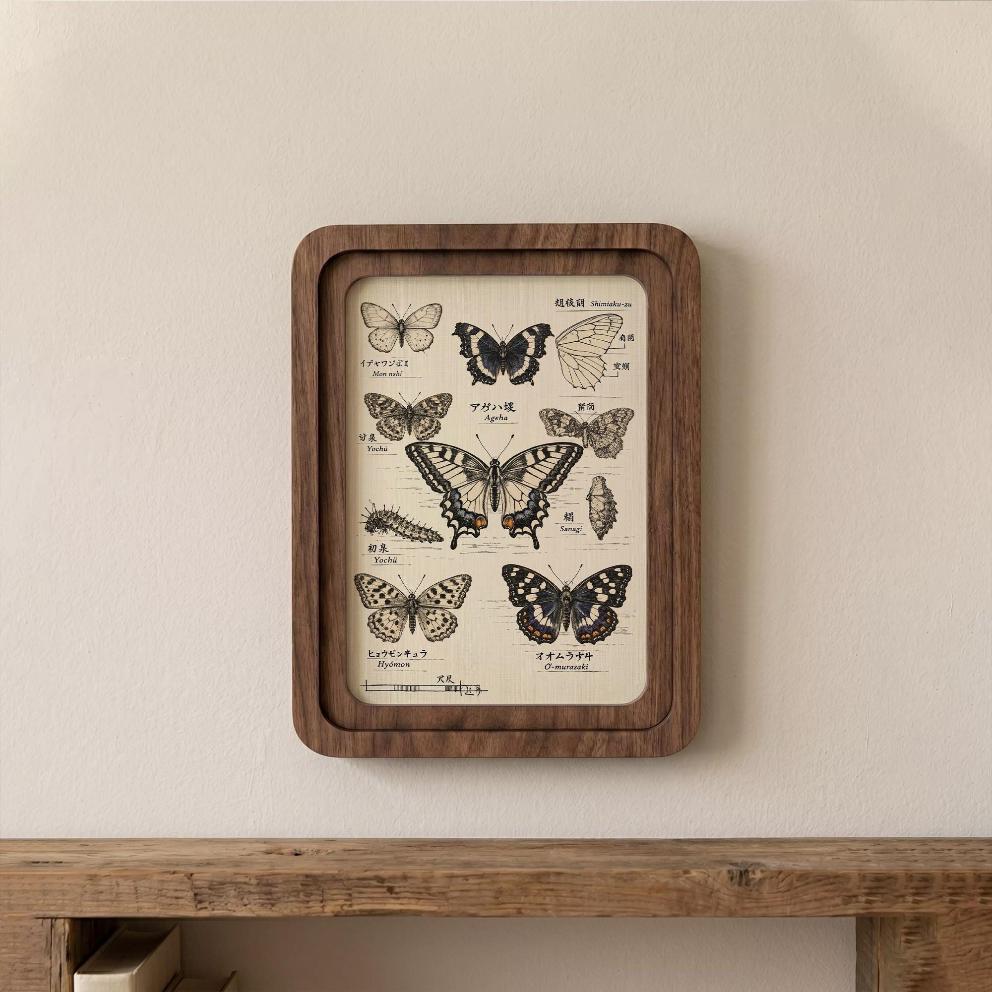 Butterfly Vintage Botanical Print Framed Wood Wall Art, Japanese Lepidoptera Canvas Illustration, Nature Lover Gift, 3D Layered Wood Frame