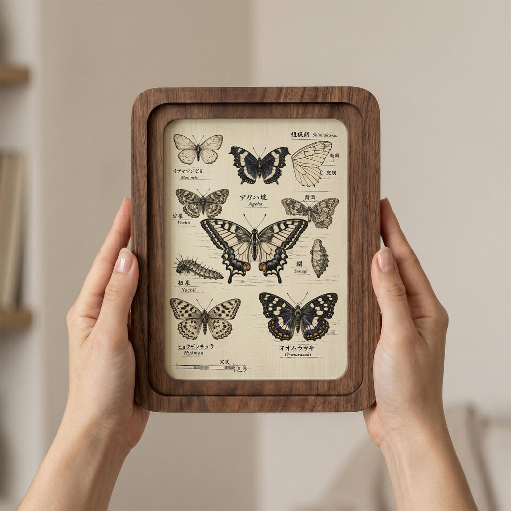 Butterfly Vintage Botanical Print Framed Wood Wall Art, Japanese Lepidoptera Canvas Illustration, Nature Lover Gift, 3D Layered Wood Frame