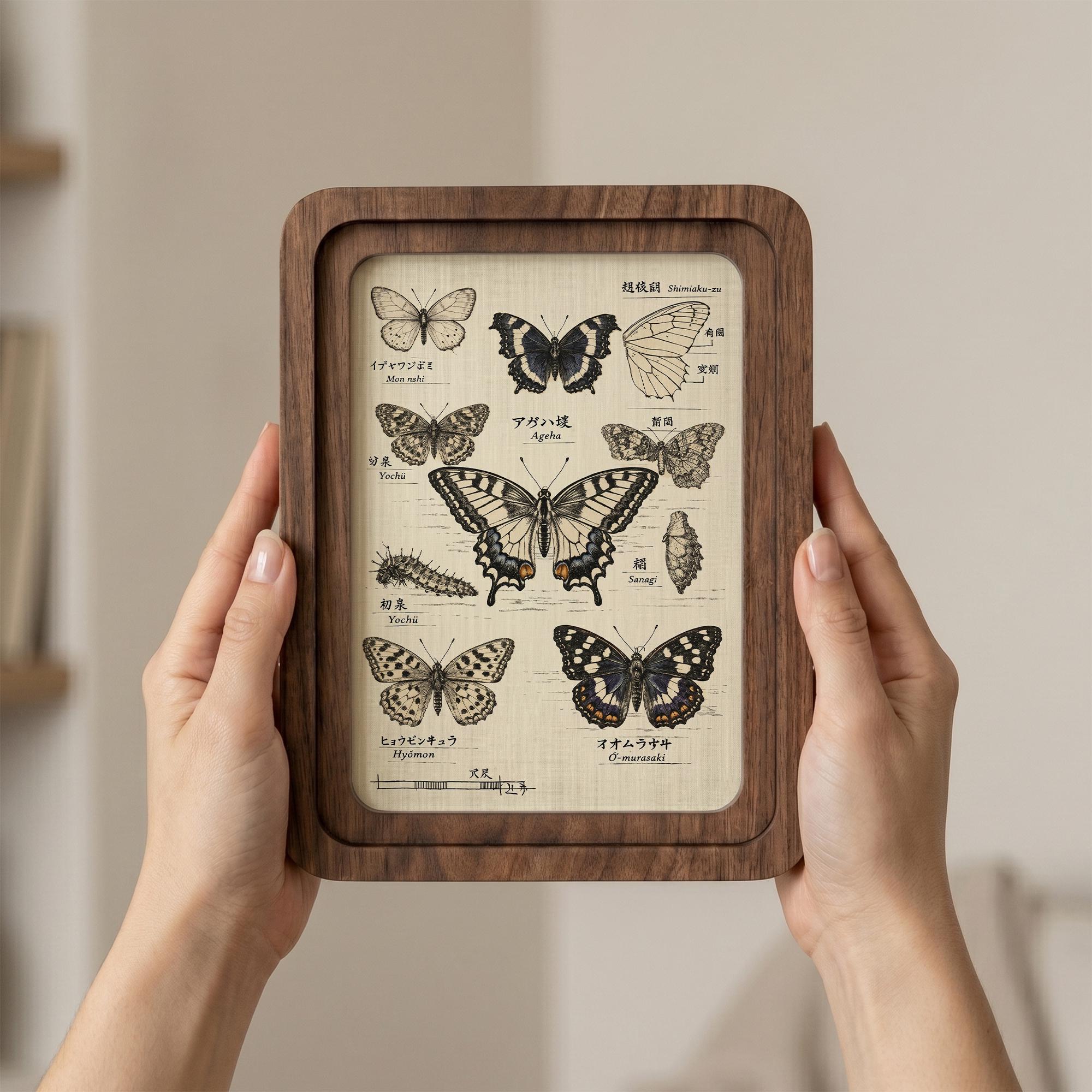 Butterfly Vintage Botanical Print Framed Wood Wall Art, Japanese Lepidoptera Canvas Illustration, Nature Lover Gift, 3D Layered Wood Frame