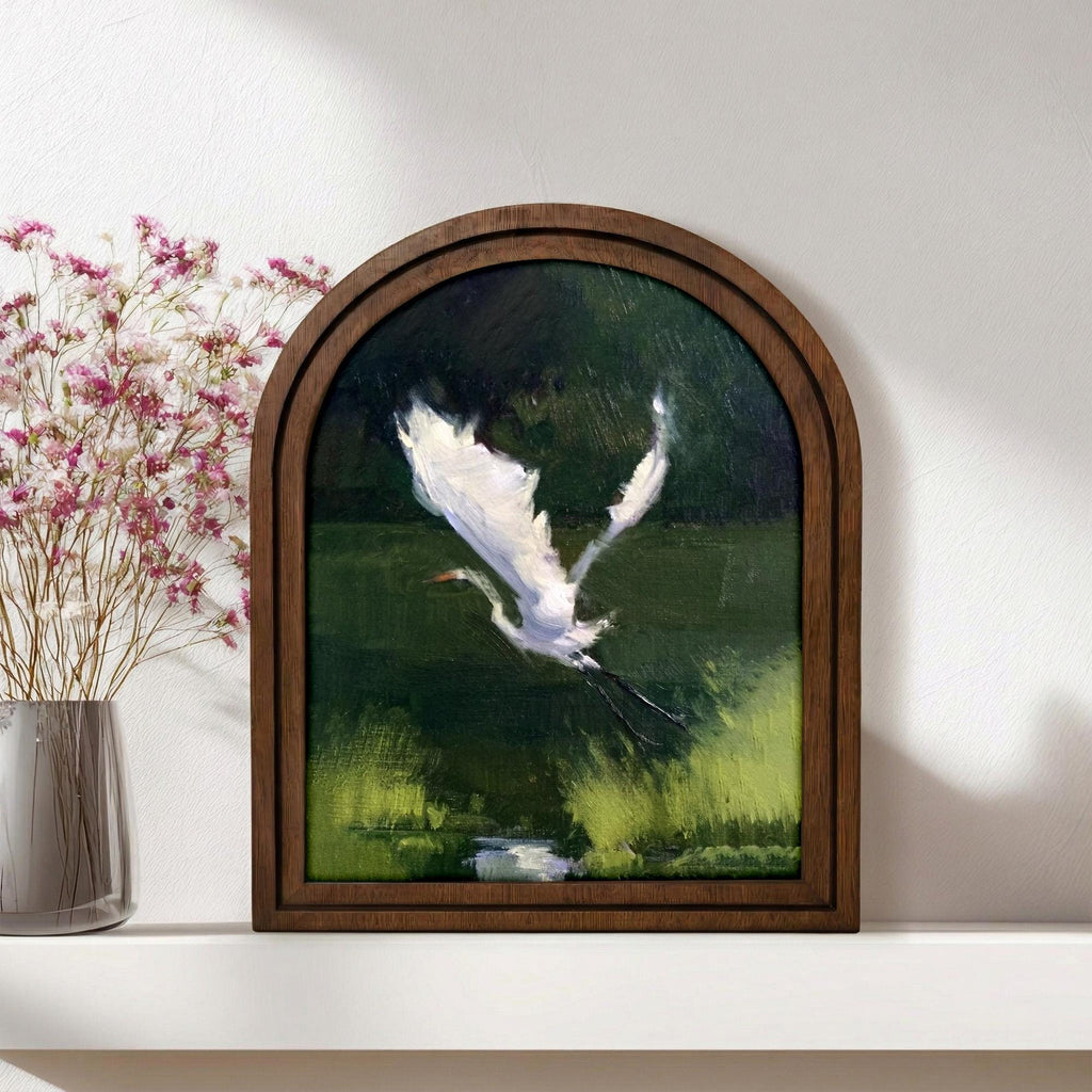 Egret Wall Art Arch Wood Frame White Heron Painting Canvas Print Abstract Bird Art Dark Academia Decor 7x9 9x11 11x14 14x18 3 Layer Plywood