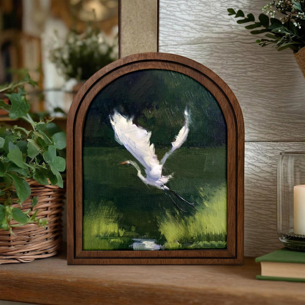 Egret Wall Art Arch Wood Frame White Heron Painting Canvas Print Abstract Bird Art Dark Academia Decor 7x9 9x11 11x14 14x18 3 Layer Plywood