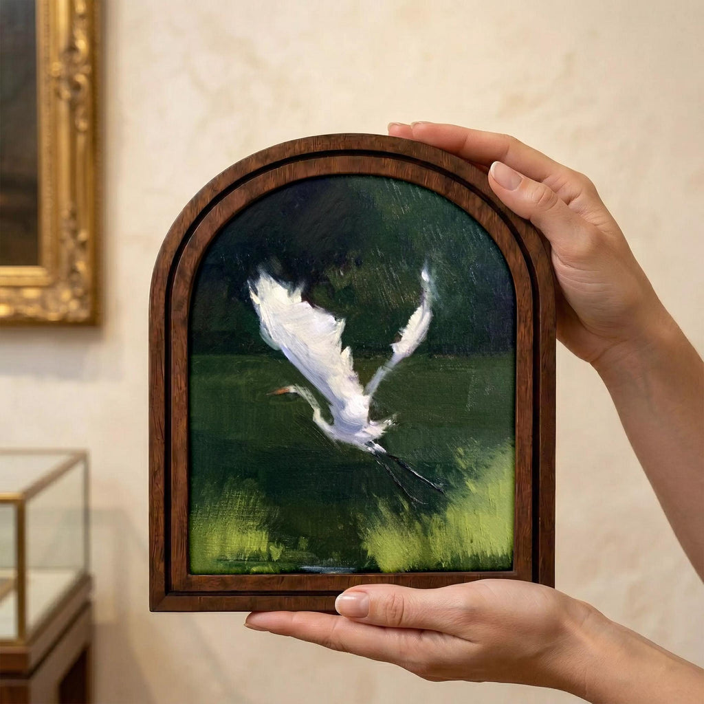 Egret Wall Art Arch Wood Frame White Heron Painting Canvas Print Abstract Bird Art Dark Academia Decor 7x9 9x11 11x14 14x18 3 Layer Plywood