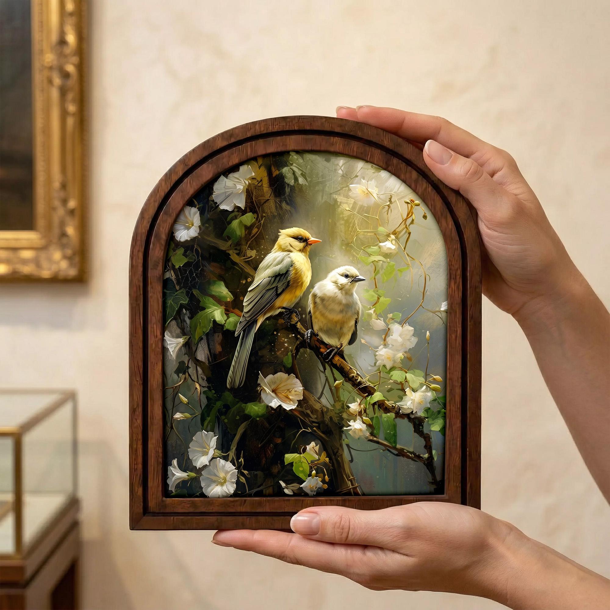 Yellow Bird Wall Art Arch Wood Frame Songbird Painting Canvas Print White Floral Decor Bird Lover Gift 7x9 9x11 11x14 14x18 Plywood Frame