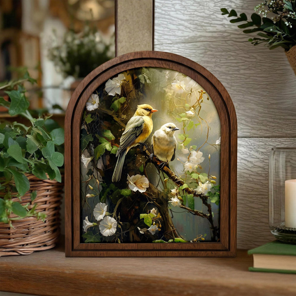 Yellow Bird Wall Art Arch Wood Frame Songbird Painting Canvas Print White Floral Decor Bird Lover Gift 7x9 9x11 11x14 14x18 Plywood Frame