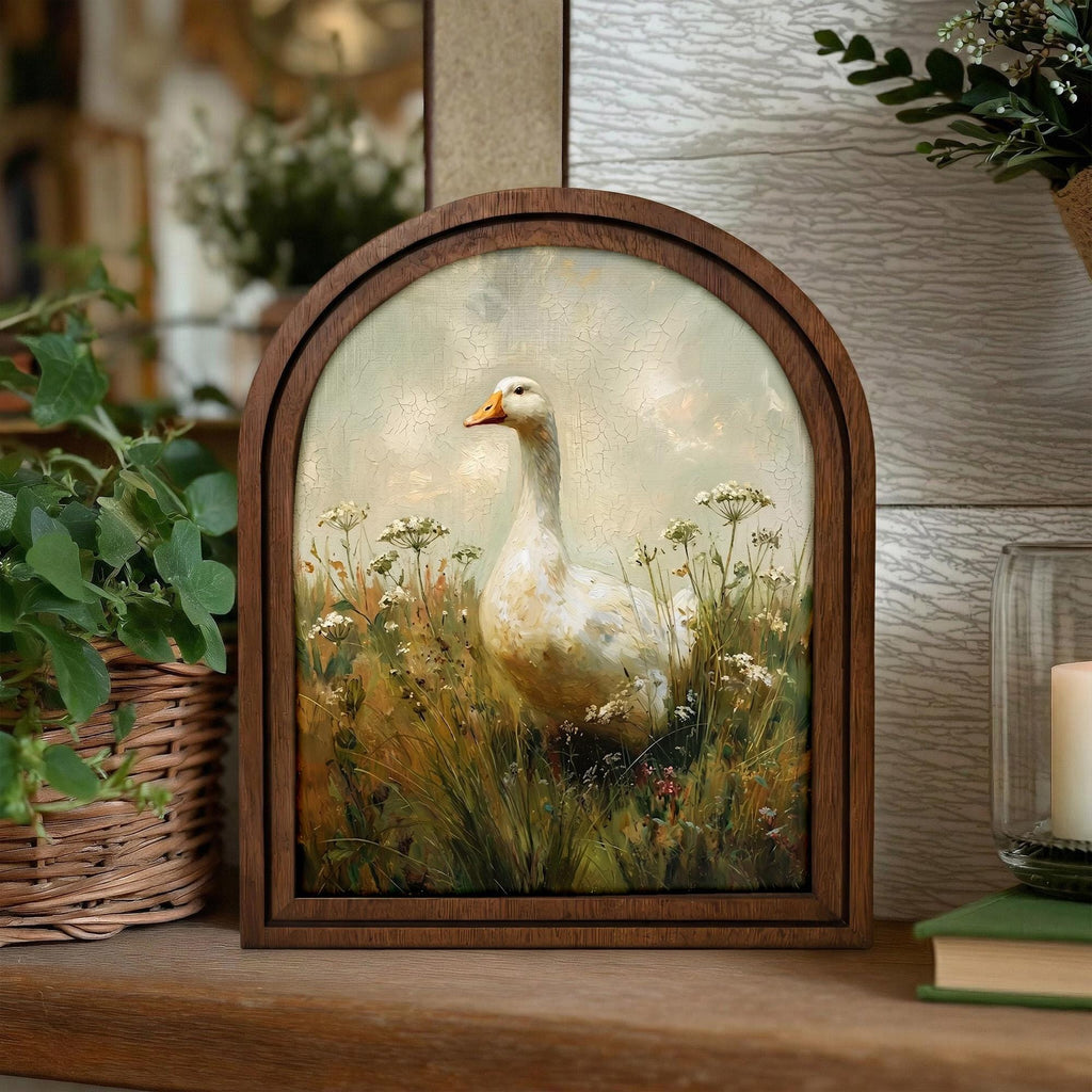 Goose Oil Painting, Farmhouse Wall Art, Wood Framed Canvas, Goose Decor, Rustic Home Decor, Country House Gift, Animal Portrait,Arched Frame