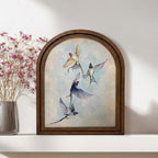 Flying Swallow Bird Art, Wood Arch Framed Canvas, Vintage Blue Bird Painting, Farmhouse Wall Decor, Nature Lover Gift, Rustic Home Gallery