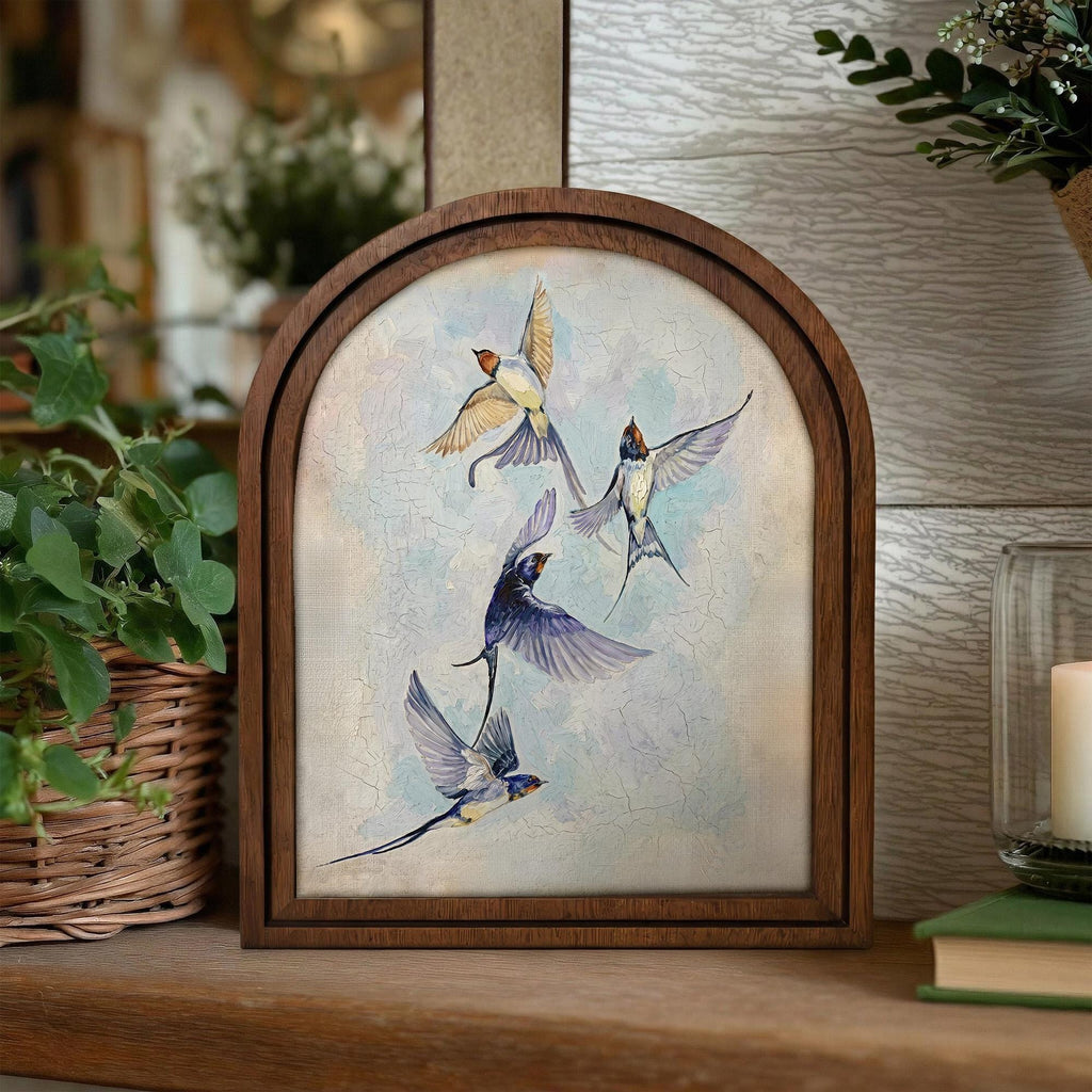 Flying Swallow Bird Art, Wood Arch Framed Canvas, Vintage Blue Bird Painting, Farmhouse Wall Decor, Nature Lover Gift, Rustic Home Gallery