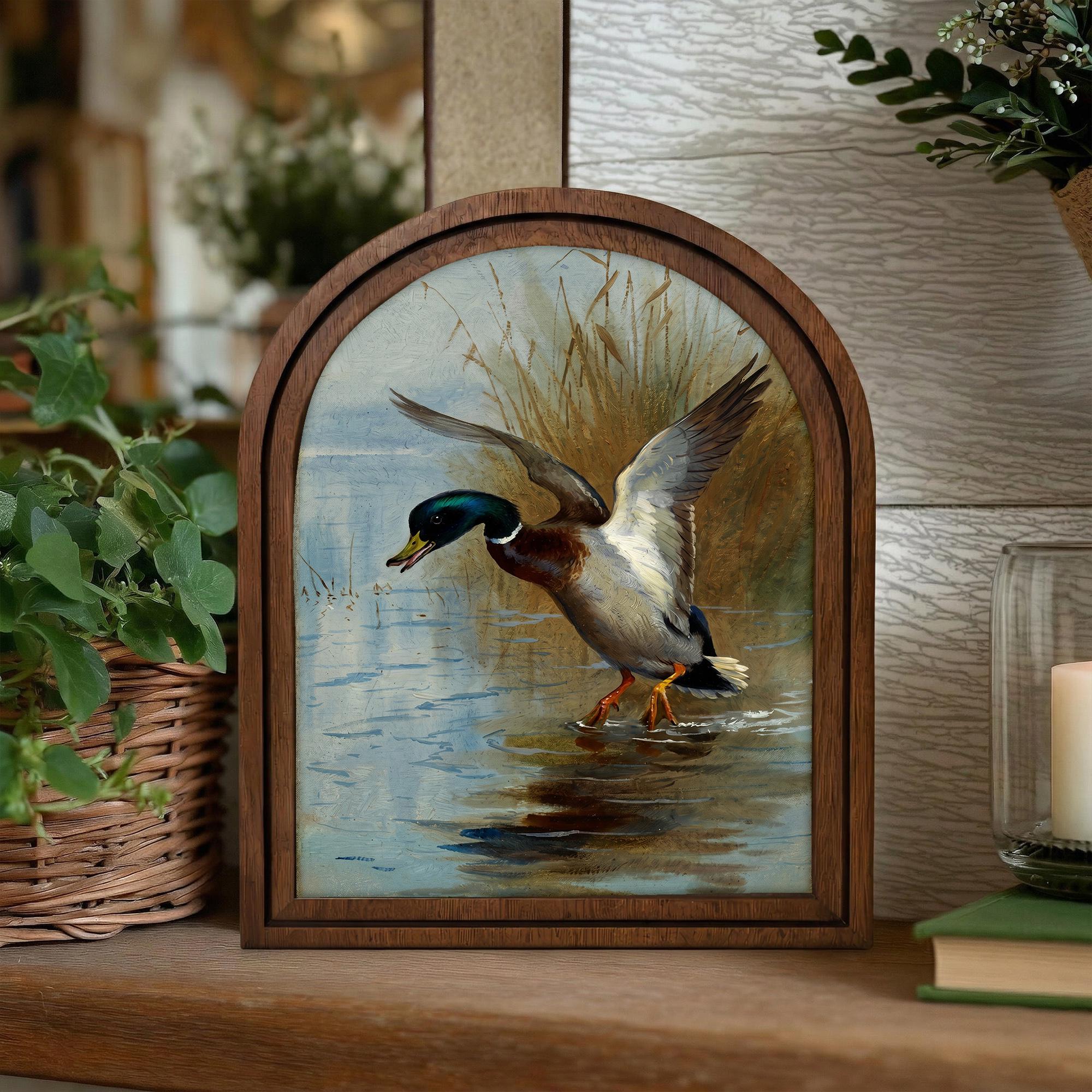 Mallard Duck Art, Wood Arch Framed Canvas, Vintage Wildlife Painting, Farmhouse Wall Decor, Hunting Lodge Gift, Rustic Duck Decor, Bird Art