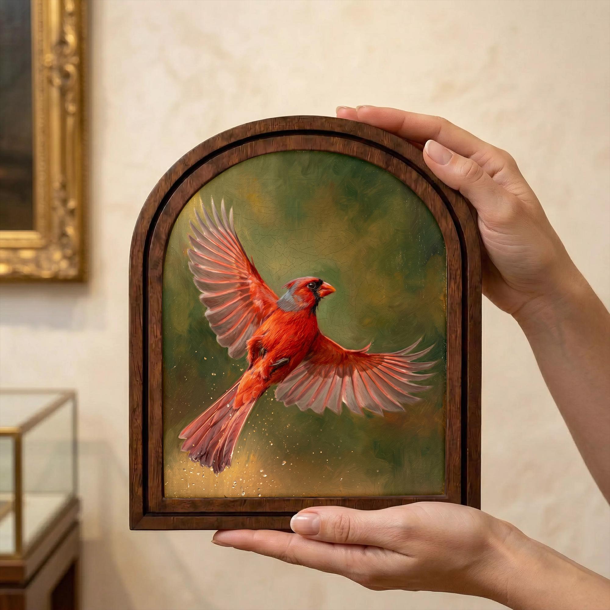 Flying Red Cardinal Art, Wood Arch Framed Canvas, Vintage Bird Painting, Farmhouse Wall Decor, Memorial Bird Gift, Rustic Home Gallery Art