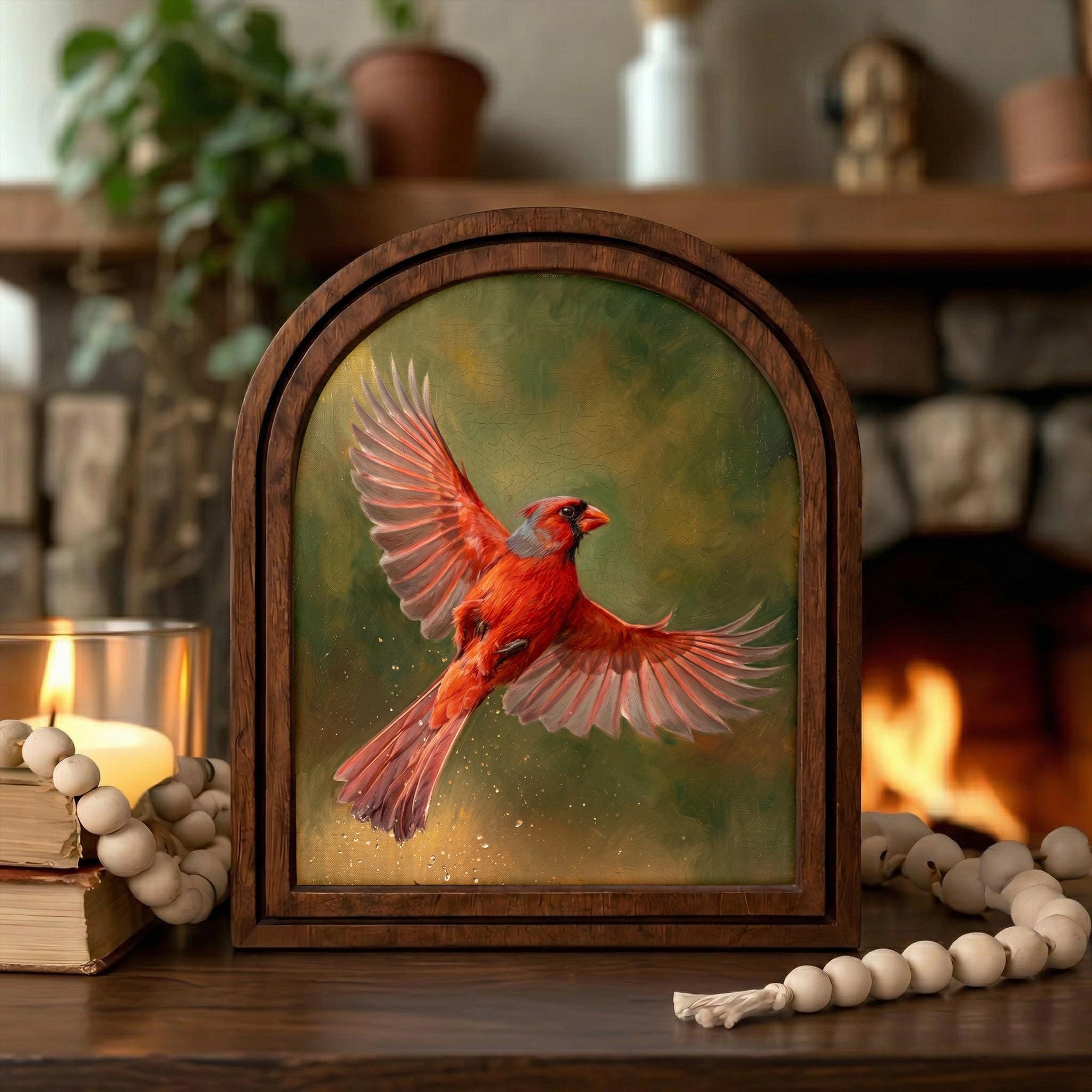 Flying Red Cardinal Art, Wood Arch Framed Canvas, Vintage Bird Painting, Farmhouse Wall Decor, Memorial Bird Gift, Rustic Home Gallery Art
