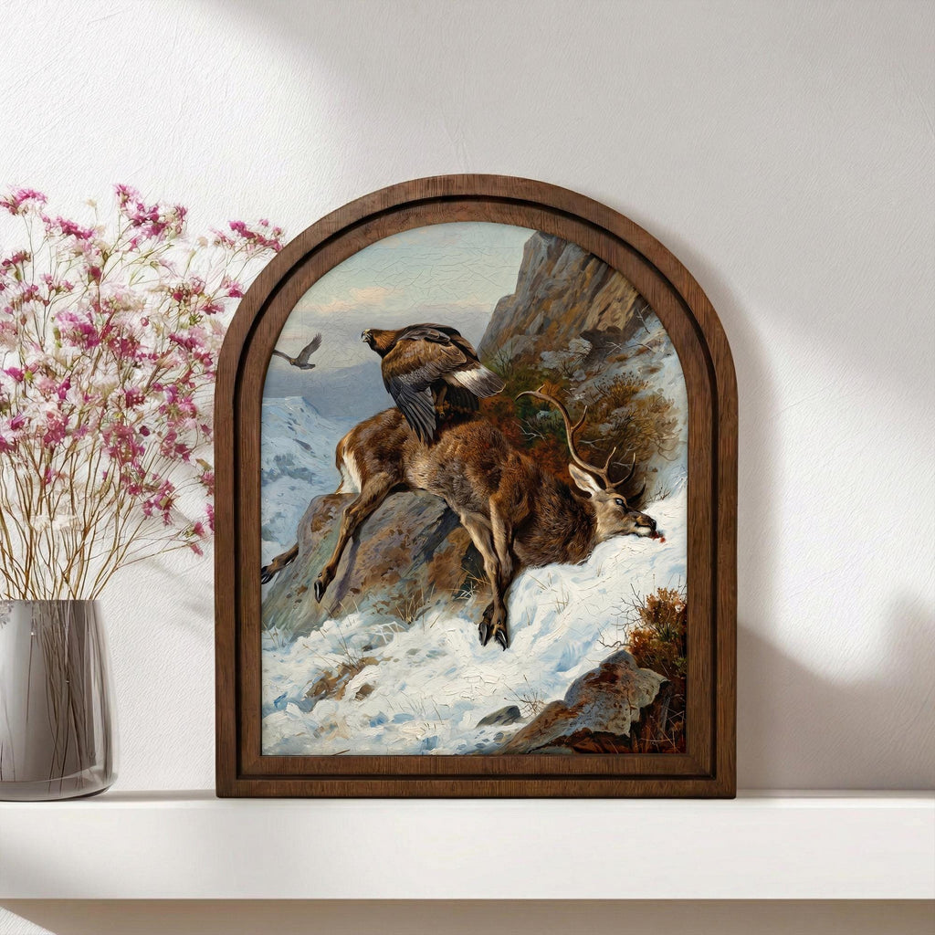 Eagle Hunting Deer Art, Wood Arch Framed Canvas, Vintage Wildlife Painting, Majestic Mountain Decor, Rustic Cabin Wall Art,Nature Lover Gift