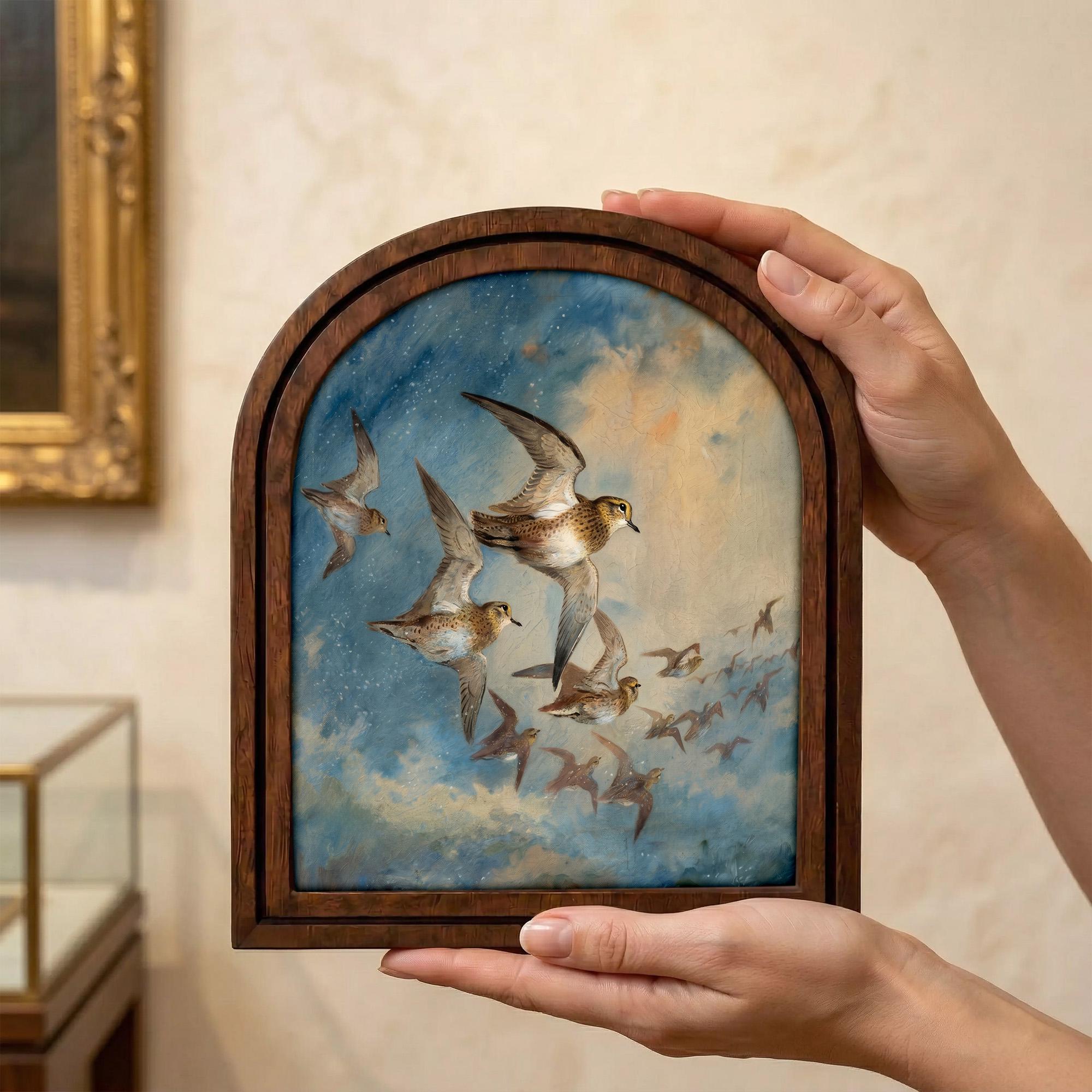 Vintage Sandpiper Bird Art, Wood Arch Framed Canvas, Coastal Farmhouse Decor, Flying Birds Painting, Shorebird Wall Art, Rustic Home Gift
