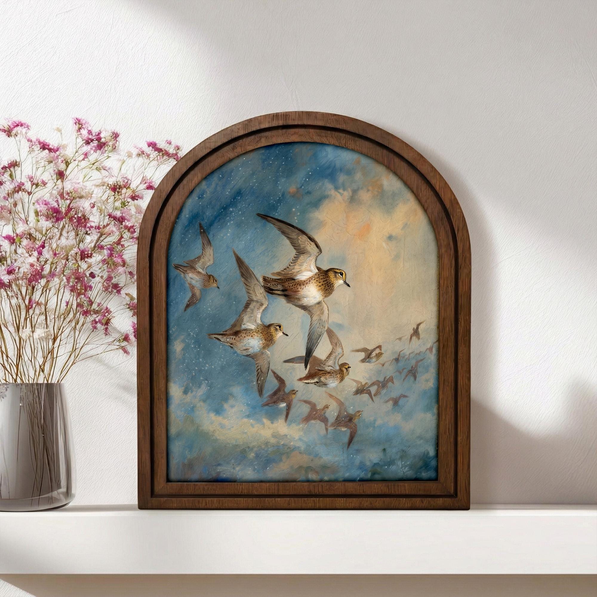 Vintage Sandpiper Bird Art, Wood Arch Framed Canvas, Coastal Farmhouse Decor, Flying Birds Painting, Shorebird Wall Art, Rustic Home Gift