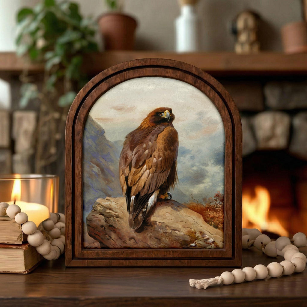 Golden Eagle Wall Art, Rustic Eagle Painting, Arched Wood Frame, Bird Lover Gift, Eagle Decor, Canvas Wood Art, Eagle Portrait,Farmhouse Art
