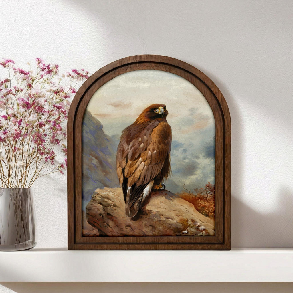 Golden Eagle Wall Art, Rustic Eagle Painting, Arched Wood Frame, Bird Lover Gift, Eagle Decor, Canvas Wood Art, Eagle Portrait,Farmhouse Art