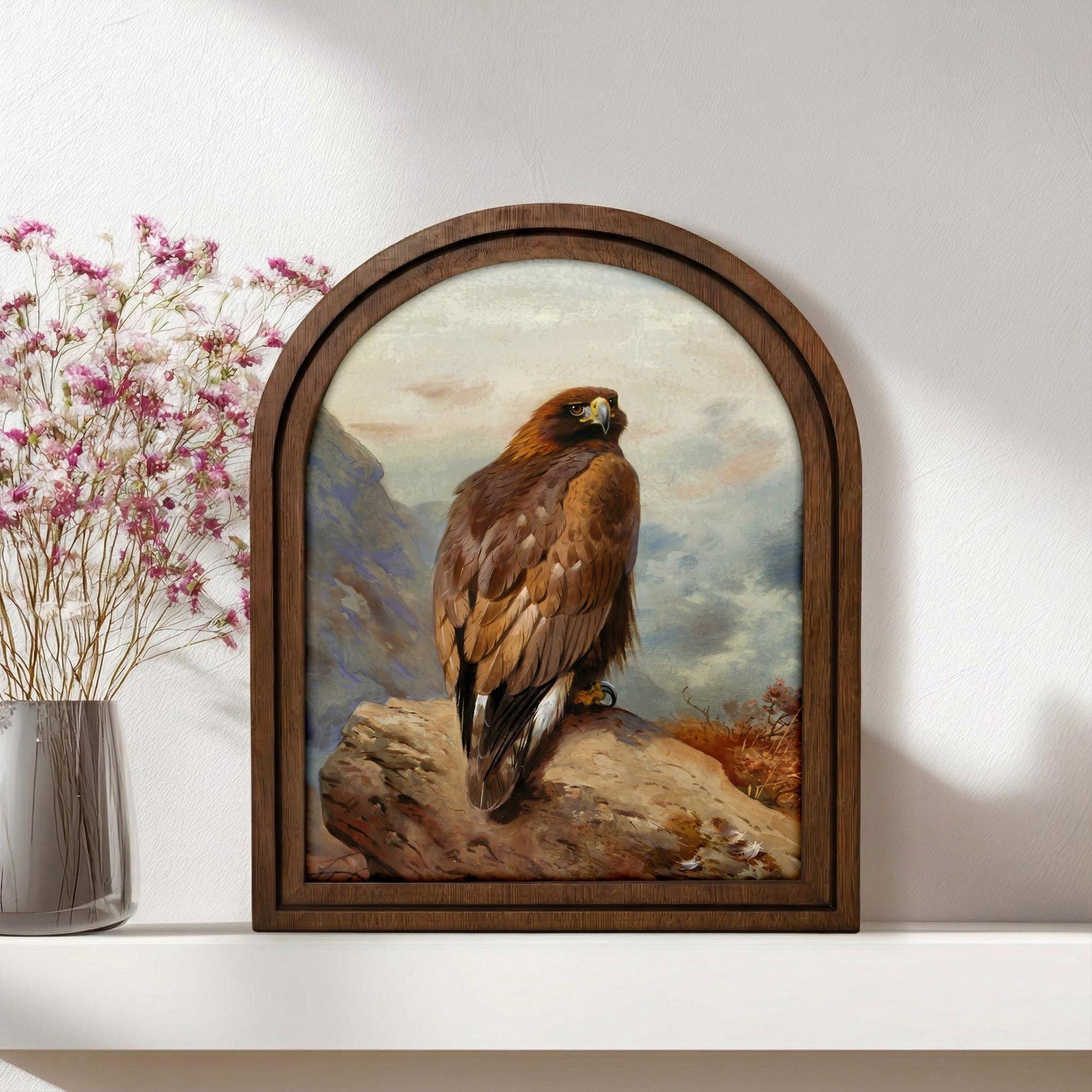 Golden Eagle Wall Art, Rustic Eagle Painting, Arched Wood Frame, Bird Lover Gift, Eagle Decor, Canvas Wood Art, Eagle Portrait,Farmhouse Art