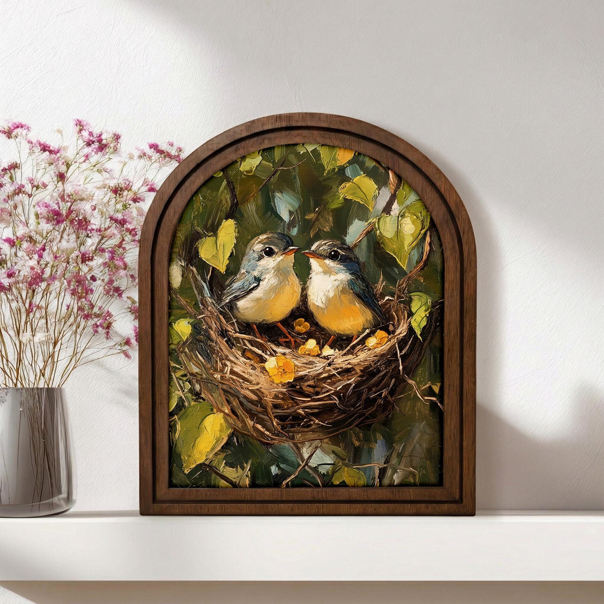 Bird Nest Wall Art, Oil Painting Birds, Farmhouse Decor, Wood Framed Canvas, Robin Nest Painting, Nursery Wall Art, Nature Lover Gift