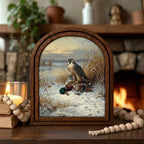 Vintage Hunting Art, Arched Wood Frame, Peregrine Falcon Painting, Mallard Duck Canvas Print, Cabin Wall Decor, Wildlife Bird Illustration
