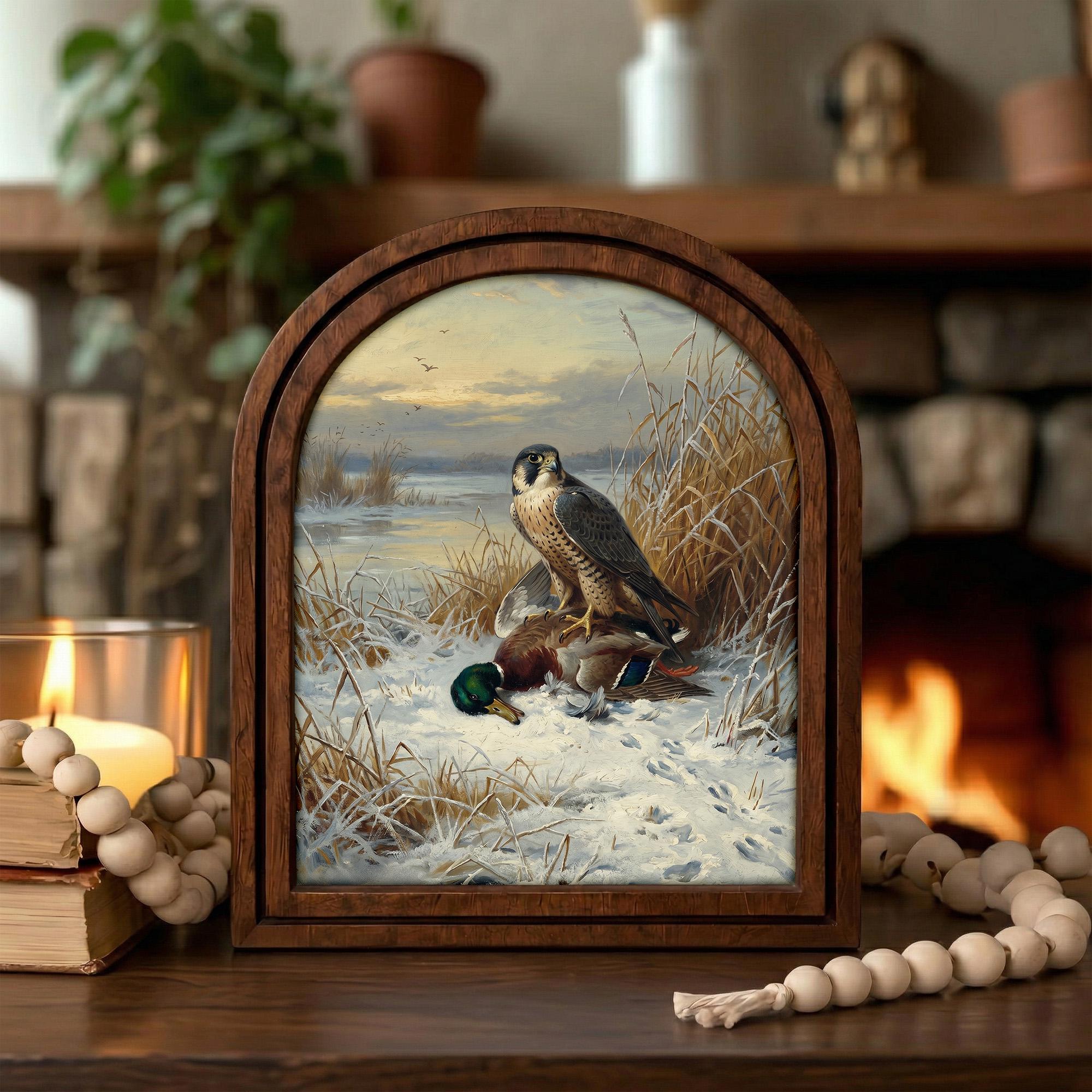 Vintage Hunting Art, Arched Wood Frame, Peregrine Falcon Painting, Mallard Duck Canvas Print, Cabin Wall Decor, Wildlife Bird Illustration