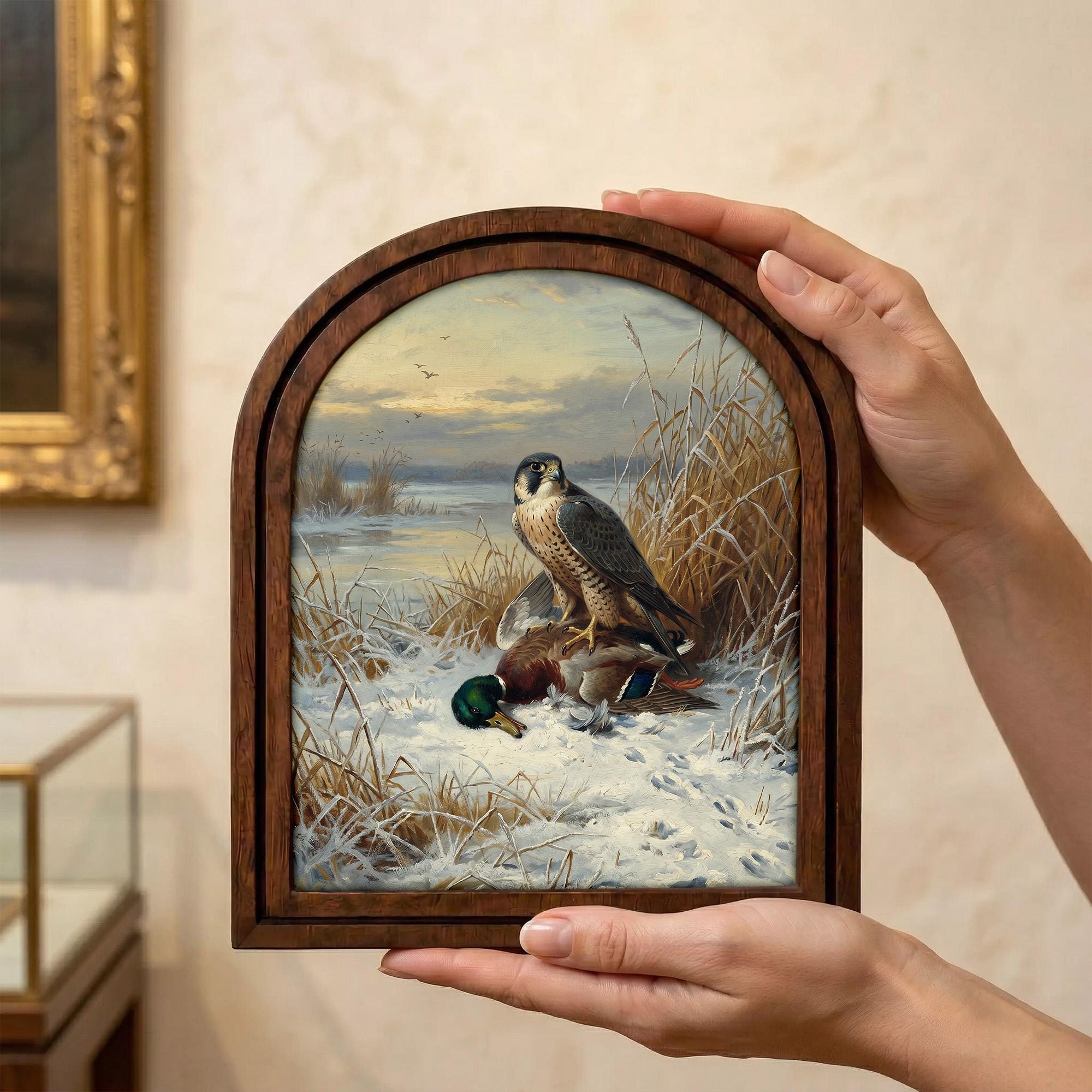 Vintage Hunting Art, Arched Wood Frame, Peregrine Falcon Painting, Mallard Duck Canvas Print, Cabin Wall Decor, Wildlife Bird Illustration